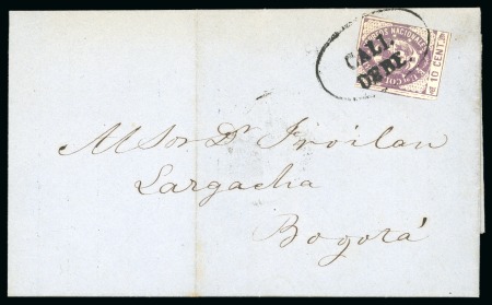 Stamp of Colombia 1864 10c violet, "CALI/DEBE" oval hs, unique usage on cover