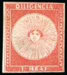 Stamp of Uruguay 1856 1r vermilion, four unused examples in two different shades