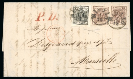 Stamp of Austria » Lombardy Venetia 1854-57 30c brown-lilac, type II, two singles, and 10c black, on 1.10.1858 entire letter to Marseilles