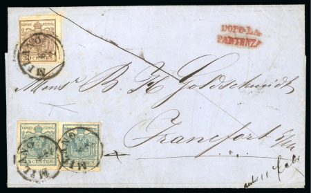 Stamp of Austria » Lombardy Venetia 1854 30c brown-grey, type II, and two 1855 45c blue-slate type II examples, each tied by dispatch cds of Milan on 6.2.1858 cover to Frankfurt