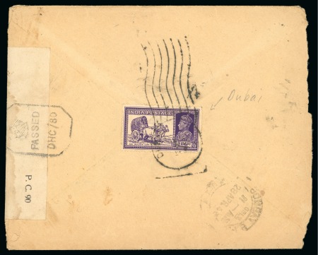 Stamp of United Arab Emirates » Dubai » Indian Period 1943 Envelope from Dubai to India franked on the reverse with India 1937-40 2a6p tied by Dubai wavy line machine cancel