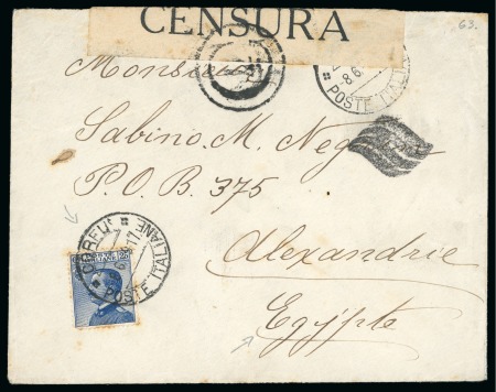 Stamp of Greece » Ionian Islands Korfu and Paxos 1917 (June 8) Envelope from Corfu to Egypt with Italian 25c tied by "CORFU / POSTE ITALIANE" cds, censored