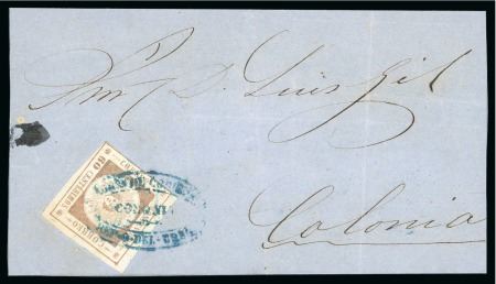 Stamp of Uruguay 1860 60c brown on cover front with blue Colonia hs