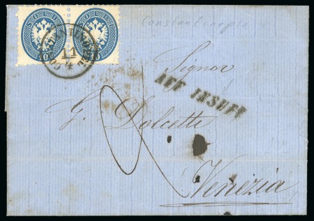 Stamp of Austria » Austrian Levant 1863 Wrapper from Constantinople to Venice with 1863 10s pair tied by neat Constinople cds, underpaid with "AFF INSUFF" hs