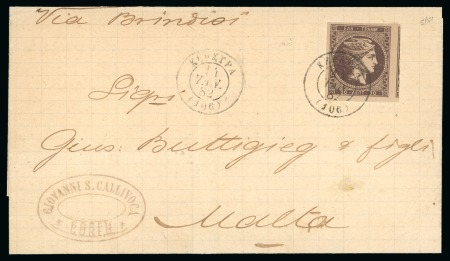 Stamp of Greece » Ionian Islands Korfu and Paxos 1882 (Jan 11) Wrapper from Corfu to Malta with 30l brown Large Hermes Head