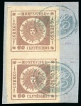 Stamp of Uruguay 1861 60c brown lilac pair with complete "SSS" monogram cancel