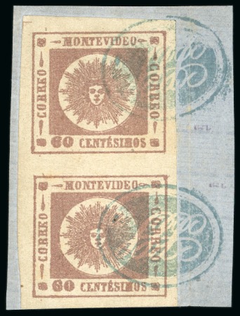 Stamp of Uruguay 1861 60c brown lilac pair with complete "SSS" monogram cancel