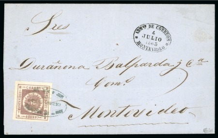 Stamp of Uruguay 1861 60c chocolate brown on cover with Cerro Largo hs in greenish blue