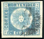 Stamp of Uruguay 1858 120c dark blue, the only example known in the "Sun" issues with the "Sunburst" cancellation
