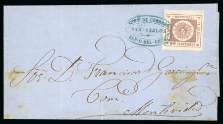 Stamp of Uruguay 1861 60c brown lilac on cover with San Carlos hs in blue