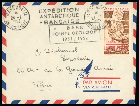 Stamp of Thematics » Polar 1952 Cover franked by Madagascar 1F Provisional air tied by Terre Adelie 24 Jan. 1952 cds
