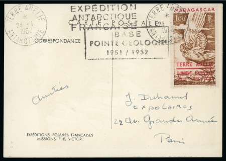 Stamp of Thematics » Polar 1952 Expedition illustrated postcard franked by Madahascar 1F Provisional air tied by Terre Adelie 24 Jan. 1952 cds