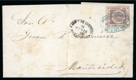 Stamp of Uruguay 1861 60c brown lilac, on cover with blue Arrendondo oval hs