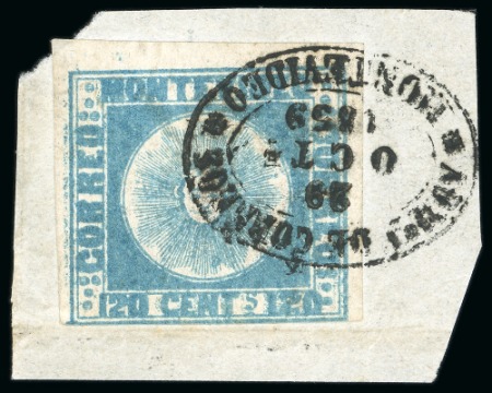 Stamp of Uruguay 1858 120c blue, type 15, showing partial double impression, used on piece