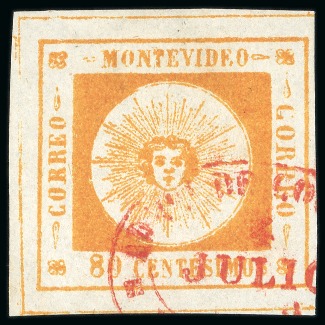 Stamp of Uruguay 1859 80c orange, the second earliest date of use known in the "Thin Figures" Issue