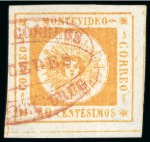 Stamp of Uruguay 1859 80c orange, two examples used at Mercedes and Florida