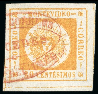 Stamp of Uruguay 1859 80c orange, two examples used at Mercedes and Florida