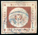 Stamp of Uruguay 1859 100c lake, two examples used at Cerro Largo and Salto in blue