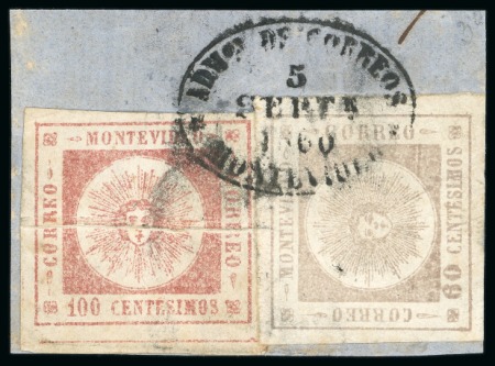 Stamp of Uruguay 1859 100c with spectacular horizontal pre-printing fold, and 1860 fine impression 60c on piece