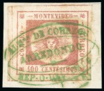 Stamp of Uruguay 1859 100c brown lake, cancellations of Arredondo and Paysandú in red-lillac