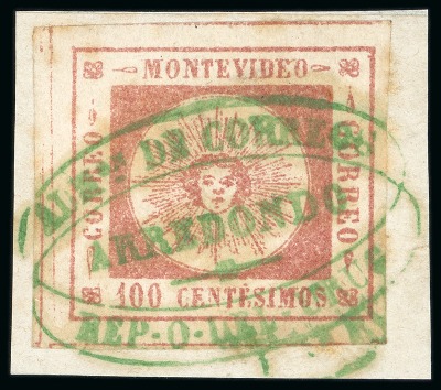 Stamp of Uruguay 1859 100c brown lake, cancellations of Arredondo and Paysandú in red-lillac