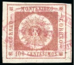 Stamp of Uruguay 1859 100c brown lake, cancellations of Arredondo and Paysandú in red-lillac