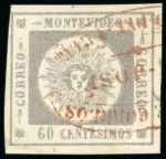Stamp of Uruguay 1859 60c grey lilac, four stamps with rare usages