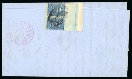 Stamp of Brazil » 1850-66 Upright Figures 1854-61 30r blue, marginal vertical pair on cover to Portugal