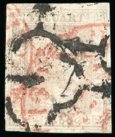 Stamp of Spain 1850 12 cuartos lilac with red cds “SANTIAGO 5 MAYO 1850 GALICIA“ and Araña