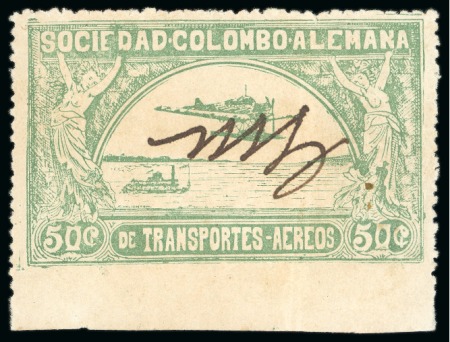 Stamp of Colombia » Airmails 1920 50c pale green, unique "GM" trial overprint