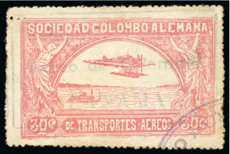 Stamp of Colombia » Airmails 1921 30c black on rose, hand overprinted with framed "Servicio Postal/Aéreo de Colombia/PANAMA", consular forerunner