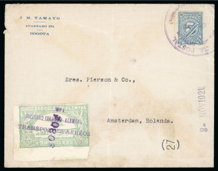 Stamp of Colombia » Airmails 1921 "$030c" surcharge on 50c pale green, on cover to Amsterdam, Colomphil 8