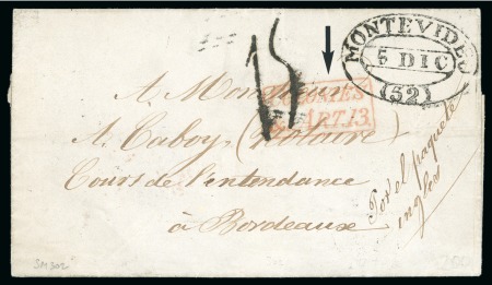 Stamp of Uruguay 1852 (dec 5) Entire letter from Montevideo to Bordeaux, bearing "MONTEVIDEO/(52)"  oval