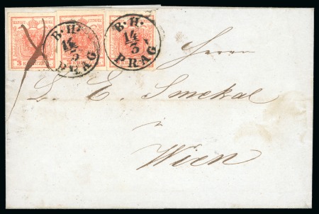 Stamp of Austria » Bohemia (Böhmen) Prag - Bohemia (Böhmen). 1850 3kr, three exampleso n cover tied by cds and pen cross