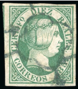 Stamp of Spain 1851 Isabel II 10r green, fine to huge margins, neatly cancelled
