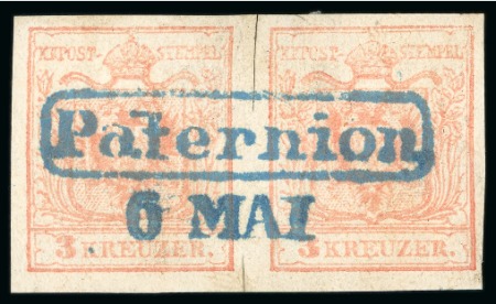 Stamp of Austria » Carniola (Krain) Paternion - Carniola (Krain). 1850 3kr, single and pair used in black and blue, Müller 2084a+ab