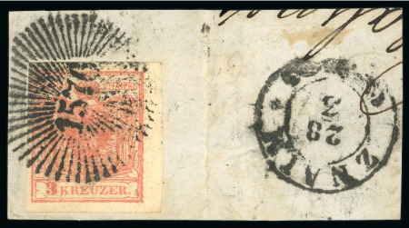 Stamp of Austria » Moravia (Mähren) Znaim - Moravia (Mähren). 1850 3kr on piece, Müller 3356b