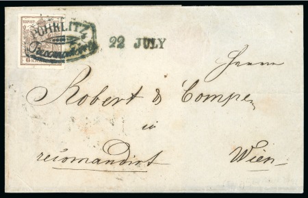 Stamp of Austria » Moravia (Mähren) Pohrlitz - Moravia (Mähren). 1850 6kr on cover with "POHRLITZ/Recommandirt" hs in greenish blue