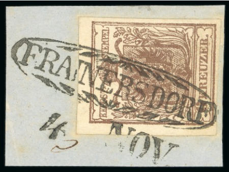 Stamp of Austria » Moravia (Mähren) Frainersdorf - Moravia (Mähren). 1850 6kr on piece, Müller 701a