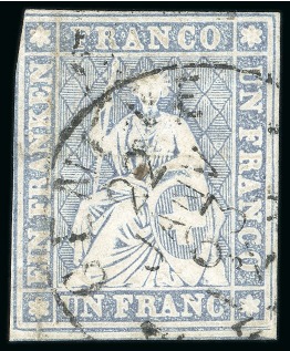 Stamp of Switzerland / Schweiz 1856-57, Strubel 1Fr grau auf SELTENEN DÜNNEN PAPIER