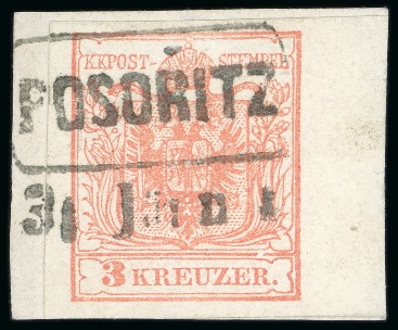 Stamp of Austria » Moravia (Mähren) Posoritz - Moravia (Mähren). 1850 3kr on piece, Müller 2217aa