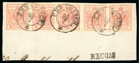 Stamp of Austria » Moravia (Mähren) Ungarisch Hradisch - Moravia (Mähren). 1850 3kr strip of five on piece
