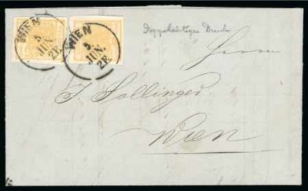 Stamp of Austria 1850 1kr in yellow-ochre, two printed on both sides, on local cover 