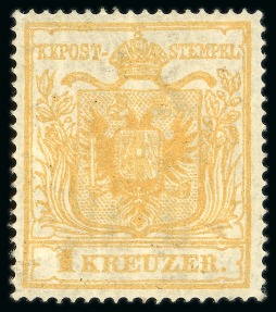 Stamp of Austria 1856 1kr dark yellow, essay perforation 18 1/2, well
