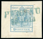 Stamp of Austria » Styria (Steiermark) Peggau - Styria (Steiermark). 1850 3kr & 9kr, tied in blue, Müller 2094a+b