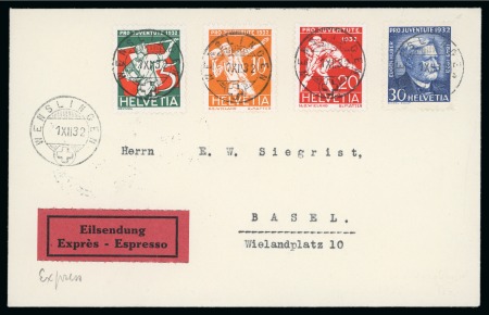 Stamp of Olympics » Non-Olympic and Anti-Olympic Championships 1932 (Dec 1) Envelope from Switzerland with Pro Juventute set on First Day of Issue express cover
