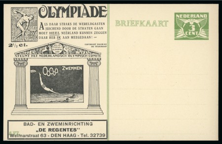 Stamp of Olympics » 1928 Amsterdam » Huygens Postal Stationery Cards (ordered by Series number) 1928 Amsterdam Huygens 3c official postal stationery card depicting Swimming, with "De Regentes" advert below