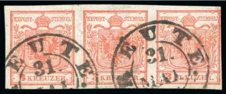 Stamp of Austria » Tyrol (Tirol) Reute - Tyrol (Tirol). 1850 3kr strip of three, Müller 2357a,