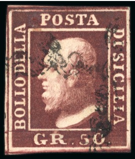 Stamp of Italian States » Sicily 1859 50gr chocolate, pos. 70, good to large margins, very fine
