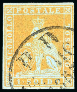 Stamp of Italian States » Tuscany 1851-52 1s golden yellow on blue, just clear to good margins, neatly cancelled